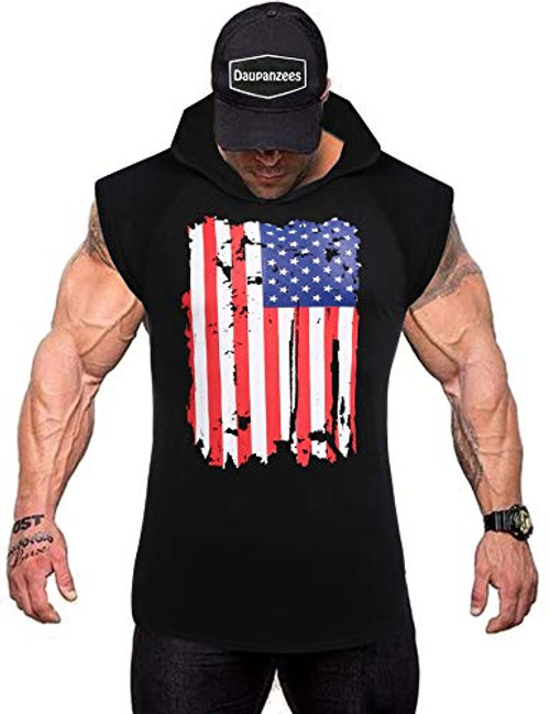 Daupanzees Mens American Flag Shirt Men Workout Shirt Sleeveless Hoodie Gym Clothes Cool Tank Tops for Men Muscle Shirts Black