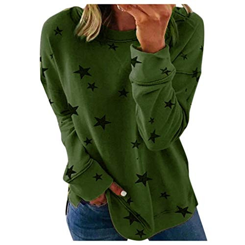 COOKI Pullover Tops for Women Casual Crewneck Star Printed Long Sleeve Sweatshirt Tunic Tops Shirts Sweater Blouse Green