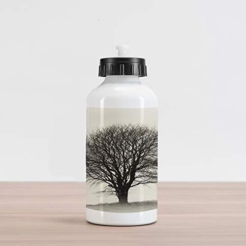 Ambesonne Black and White Aluminum Water Bottle Lonely Tree in Field with Many Leafless Branches Countryside Vintage Aluminum Insulated Spill-Proof Travel Sports Water Bottle Ivory Dark Grey
