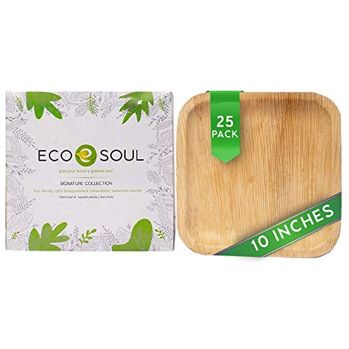 ECO SOUL 100 percent Compostable Biodegradable Disposable Palm Leaf Plates - Like Bamboo Plates Eco-friendly 10 8 - Sturdy Microwave  and  Oven Safe - Party Wedding Event Plates -25 10 inch square-
