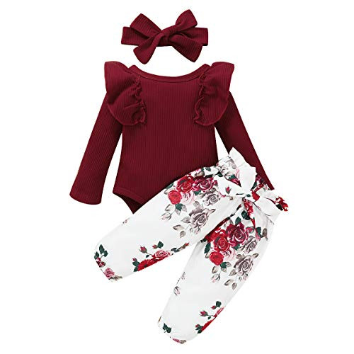 Baby Girl Clothes Onesie Newborn Girl Outfit Romper Infant Girl Clothes Ruffle Bodysuit Floral Long Pants Newborn Baby Girl Outfits Red 0-3 Months