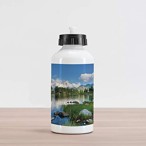 Lunarable Landscape Aluminum Water Bottle Nature Landscape Forest and Lake in Italy Rural Mediterranean Countryside Aluminum Insulated Spill-Proof Travel Sports Water Bottle Green White Blue