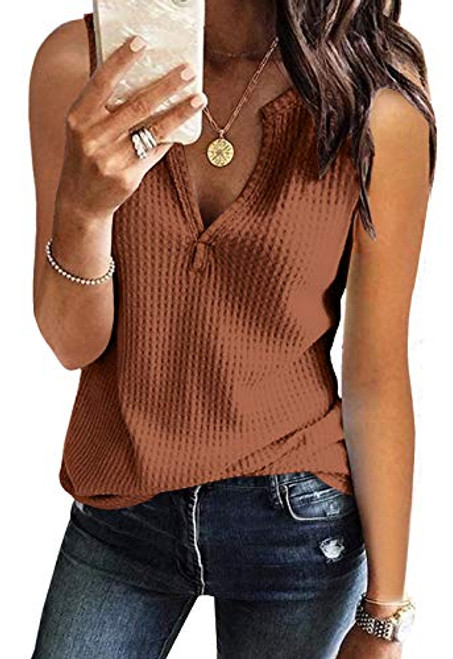 MIROL Womens Sleeveless Tank Tops V Neck Shirts Waffle Knit Solid Color Tunic Tops Casual Summer Basic Blouse Brown MIROL Womens Sleeveless Tank Tops V Neck Shirts Waffle Knit Solid Color Tunic Tops Casual Summer Basic Blouse Brown