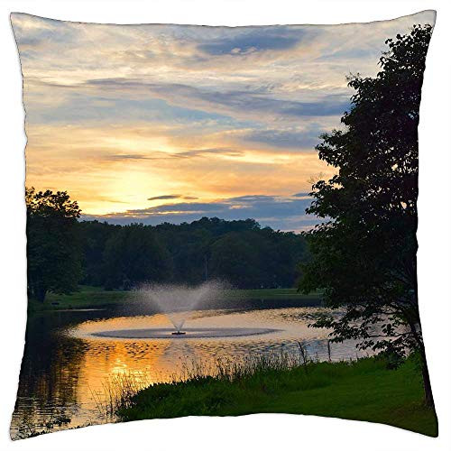 LESGAULEST Throw Pillow Cover -24x24 inch- - Sunset Pond Fountain Water Park Garden Green LESGAULEST Throw Pillow Cover -24x24 inch- - Sunset Pond Fountain Water Park Garden Green