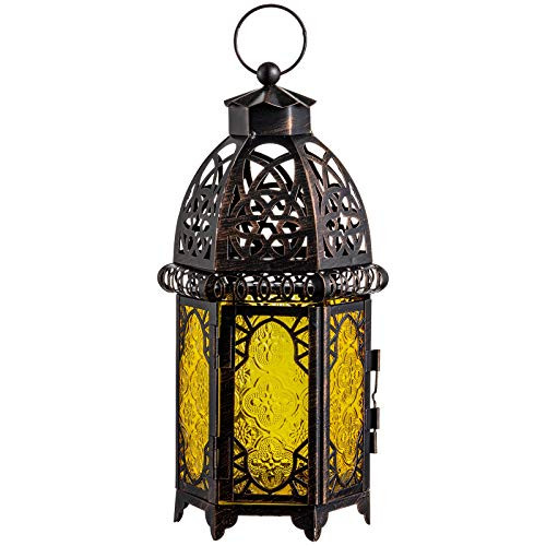 DECORKEY Vintage Candle Lantern Moroccan Style Decorative Hanging Lantern Metal Tabletop Lantern Halloween Candle Holders for Outdoor Patio -Yellow-