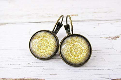 Yellow Flower Mandala Earrings Glass Cabochon Lever Back Earrings Boho Hippie Style Jewelry for Women Yellow Flower Mandala Earrings Glass Cabochon Lever Back Earrings Boho Hippie Style Jewelry for Women