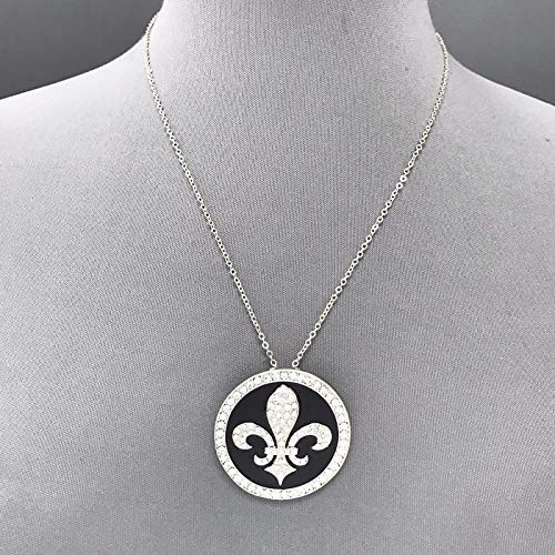 Silver Finish Black Circle Rhinestone Fleur De Lis Design Pendant Necklace LL-5898 Silver Finish Black Circle Rhinestone Fleur De Lis Design Pendant Necklace LL-5898