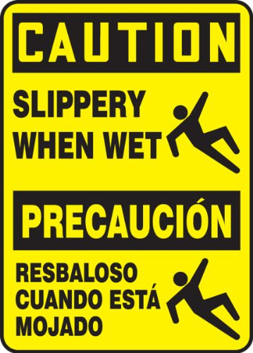 Accuform SBMSTF674VS Adhesive Vinyl Spanish Bilingual Sign Legend  inchCAUTION SLIPPERY WHEN WET/PRECAUCION RESBALOSO CUANDO ESTA MOJADO inch with Graphic 14 inch Length x 10 inch Width x 0.004 inch Thickness Black on Yellow
