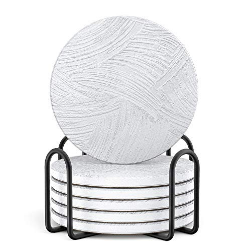 LIFVER Absorbent Drink Coasters with Holder Set of 6 Ceramic Coasters with Cork Base White Texture Patterns Stone Coasters for Wooden Table Housewarming Gift Idea for Home Decor 4 inch