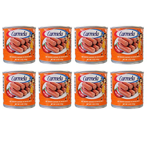 Carmela Salchichas Carmela De Pollo - Hot Chicken Vienna Sausage in Chicken Broth -8 Pack Total of 40oz-