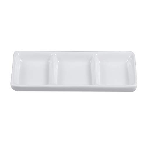 BESTONZON 2pcs White Ceramic Serving Platter 3 Compartment Appetizer Serving Tray Rectangular Divided Sauce Dishes for Home Hotel Restaurant Kitchen Spices Vinegar Nuts-15cm x 6.5cm/White-