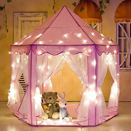 Princess Fairy Tale Castle Play Tent,Portable Fun Perfect Hexagon Playhouse toys(X-Large,PINK LED)