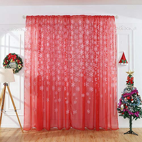 Emptystar Curtain Rod - 1PC Christmas Snowflake Curtain Tulle Window Treatment Voile Drape Valance Solid Sheer Curtains Drapes Voile Window Curtain Panels for Kitchen Bedroom -Red-
