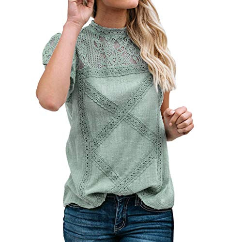 Franterd Womens Solid Blouse Casual Lace Patchwork Flare Ruffles Short Sleeve Cute Floral Tops for Ladies Mint Green