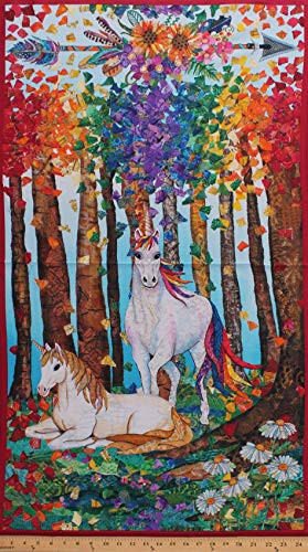 23.5 inch X 44 inch Panel Unicorns Fantastical Horses Fantasy Art Look Animals Woods Feathers Arrows Flowers Multi-Color Artistic Colorful Unicorn-Ocopia Digital Cotton Fabric Panel -D580.47-