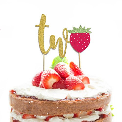 1 pc two Strawberry script Gold Glitter Cake Topper for second Birthday Baby Toddler boy girl fruit summer party