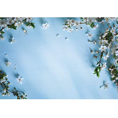 LYWYGG 7x5FT Blue Romantic Backdrop White Petal Photography Background Spring Flower Backdrop for Newborn Studio Props Birthday Party CP-130