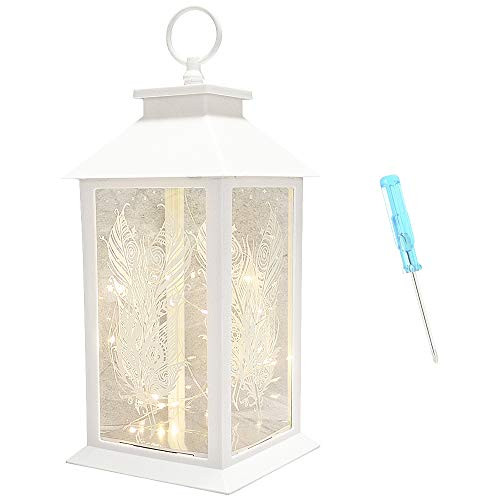 Decorative Lanterns for Indoor 14" Hanging White Lanterns with 20 LED Fairy String Lights Battery Operated Tabletop Led Light with Feather Glass