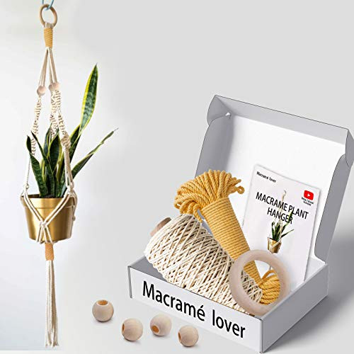 Video Tutorial Included-Macrame Plant Hanger Starter Kit -Macrame Cord with Wooden Hoops Rings Beads  and  Video Tutorial Macrame Kits for Adults Beginners -Yellow-