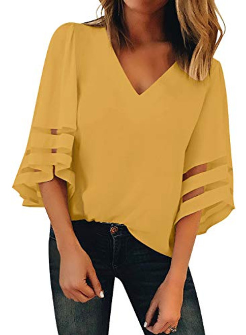 BLENCOT Womens Casual 3 4 Sleeve Bell Sleeve Lace Patchwork Chiffon Blouse Shirt Casual Loose Tops Yellow XL