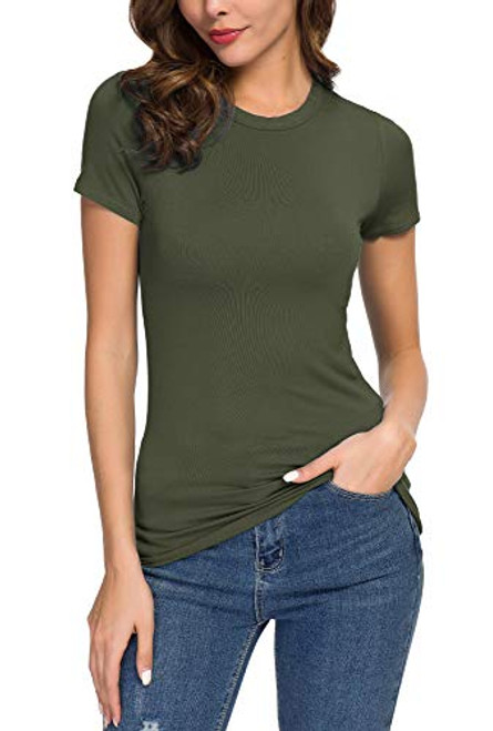 Womens Crewneck Slim Fitted Short Sleeve T-Shirt Stretchy Bodycon Basic Tee Tops -M Green-