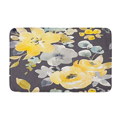 Adowyee 20 inchx30 inch Bath Mat Gray Watercolor Bright Pattern Yellow and Blue Abstract Flowers Cozy Bathroom Decor Bath Rug with Non Slip Backing