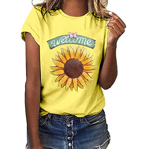 F_Gotal Womens T-Shirt Women Sunflower Print Loose Round Neck Short Sleeve Basic Casual Tunic Tops T Shirt Blouses Yellow