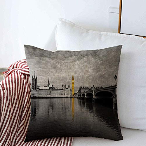 Decorative Linen Throw Pillow Covers Clock Blue Antique London Big Ben House Parliament White Abstract Parks Yellow Attraction Black 16 inch x 16 inch Square Cushion Case for Home Decor