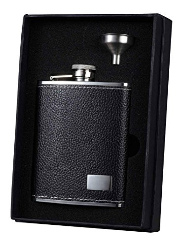 Visol Holiday Essential Eclipse S Black Leather Liquor Flask Gift Set, 6 oz, Silver