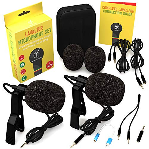 Lavalier Microphone 2 Pack Bundle - Omnidirectional Lapel Mic with Clip-On Suitable for iPhone Android Samsung GoPro DSLR - Professional Lapel Mic for YouTube and Vlogging