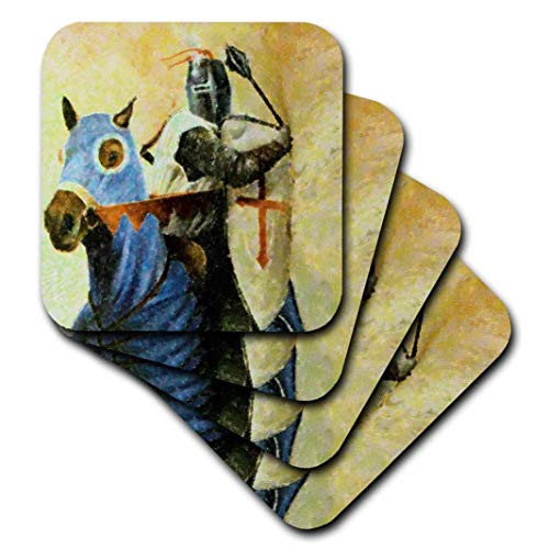 3dRose CST_35116_1 Blue and Brown Medieval Knight and Horse-Soft Coasters Set of 4