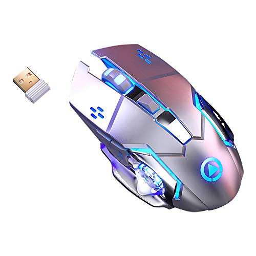 BONYOUN 2.4G Wireless Gaming Mouse Rechargeable Ergonomic 1600DPI Adjustable Backlit Cordless Mouse for PC Laptop with USB Receiver Grey Silver No Sound