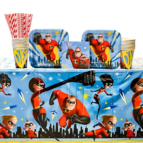 The Incredibles 2 Party Supplies Pack for 16 Guests - Straws, Dessert Plates, Beverage Napkins, Table Cover, and Cups The Incredibles 2 Party Supplies Pack for 16 Guests - Straws, Dessert Plates, Beverage Napkins, Table Cover, and Cups