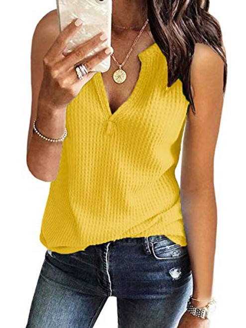 Womens Tank Tops V Neck Waffle Knit Summer Casual Sleeveless Loose Tee Shirts -Small Yellow- Womens Tank Tops V Neck Waffle Knit Summer Casual Sleeveless Loose Tee Shirts -Small Yellow-