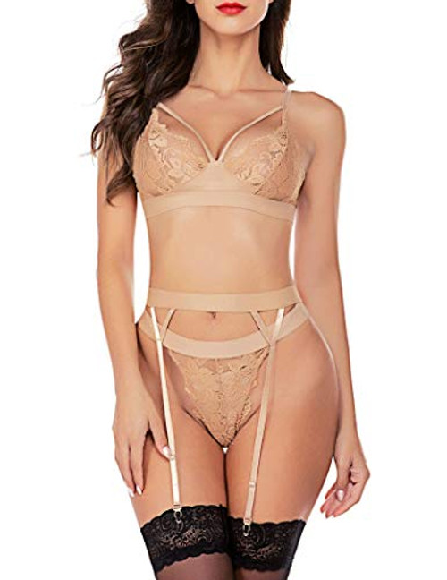 wearella Lingerie for Women Lace Teddy Strap Lingerie Set with Garter Belt Babydoll Bodysuit Bra and Panty