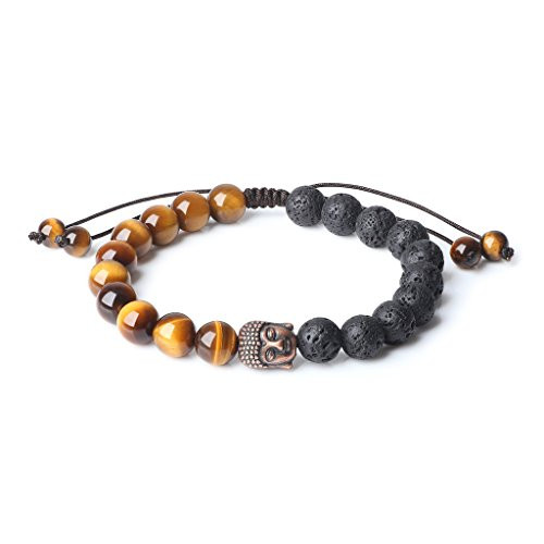 COAI 8mm Mala Prayer Beads Brown Tiger Eye Lava Stones Bracelet for Yoga Meditation