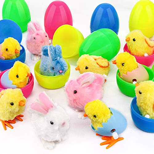 Ivenf Plastic Easter Eggs Filled with Wind-Up Bunnies and Chicks Plush Toys 12 Pack Surprise Prefilled Large 3-3/4 inch Easter Eggs Bulk for Kids School Home Office Easter Decorations Party Supplies