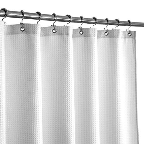 Fabric Shower Curtain 60 x 72 inch Waffle Weave Hotel Luxury Spa 230 GSM Heavyweight Water Repellent Machine Washable White Pique Pattern Decorative Bathroom Curtain