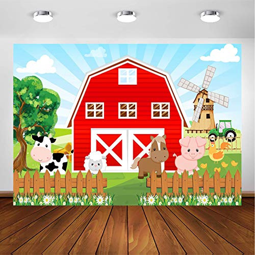 Avezano Farm Red Barn Backdrop for Kids Party Cartoon Farm Animals Birthday Party Photoshoot Photography Background Farm Theme Party Cake Table Banner Photobooth Decorations -7x5ft-