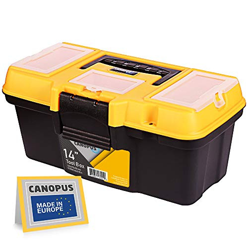 CANOPUS Plastic Toolbox 14-inch Portable Tool Box Tool Organizer with Extra Storage Tray for Home Tools Nails and Pins Black-Yellow