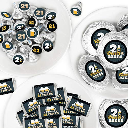 Big Dot of Happiness Cheers and Beers to 21 Years - Mini Candy Bar Wrappers Round Candy Stickers and Circle Stickers - 21st Birthday Party Candy Favor Sticker Kit - 304 Pieces