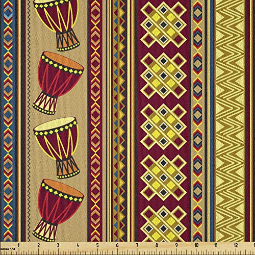 Ambesonne African Fabric by The Yard Oriental Djembe Drums Music Culture in Theme Geometric Chevrons Triangles Microfiber Fabric for Arts and Crafts Textiles  and  Decor 1 Yard Yellow Ruby
