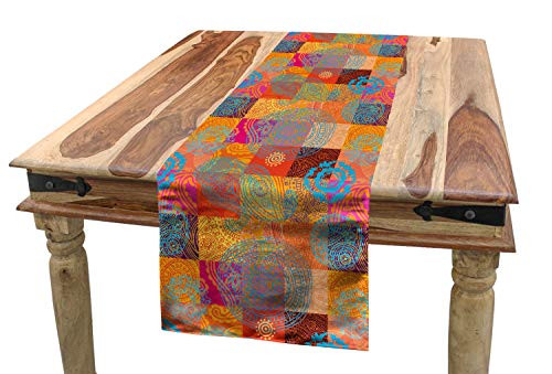 Lunarable Batik Table Runner Vintage Forms with Oriental Repeating Shapes and Lines in Design Dining Room Kitchen Rectangular Runner 16 inch X 72 inch Purple Orange