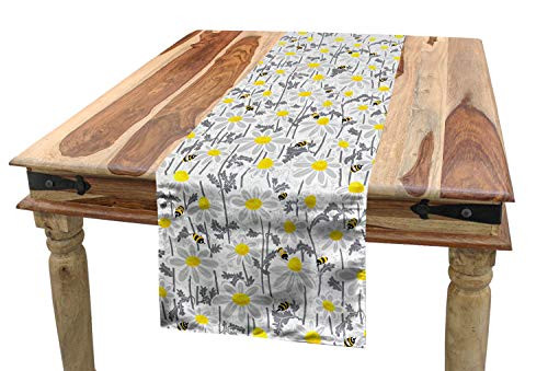 Ambesonne Grey Table Runner Daisy Flowers Bees in Spring Time Honey Petals Floret Nature Purity Blooming Dining Room Kitchen Rectangular Runner 16 inch X 72 inch Yellow White