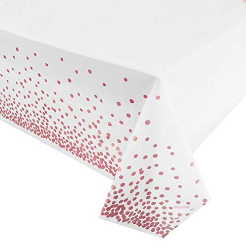 6 Pack Plastic Tablecloth for Parties Party Table Cloths Disposable Stylish Design Rose Gold Dots Decorations White Waterproof Rectangular Table Cover 54 Inch x 108 Inch