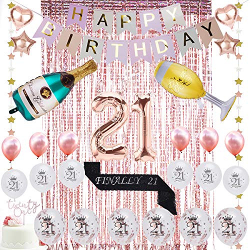 Ainibar 21st Birthday Decorations Party Supplies-21 Cake Topper Rose Gold - Finally 21 Sash-Rose Gold Confetti Balloons for her- Foil Fringe Curtains for Finally Legal 21st Birthday Party