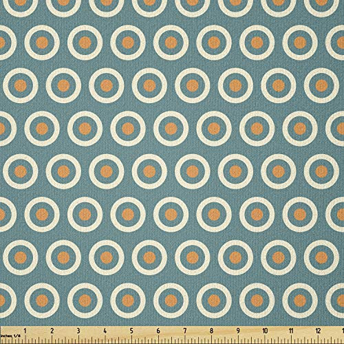 Lunarable Vintage Fabric by The Yard Orange Polka Dots in Circles on Blue Toned Background Classical Retro Style Stretch Knit Fabric for Clothing Sewing and Arts Crafts 1 Yard Teal Cream Orange