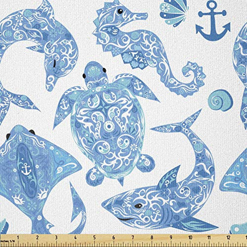 Lunarable Anchor Fabric by The Yard Pattern with Turtle Dolphin Sea Horse Mollusk Shark Fauna Exotic Tropical Aquatic Stretch Knit Fabric for Clothing Sewing and Arts Crafts 1 Yard Sky Blue
