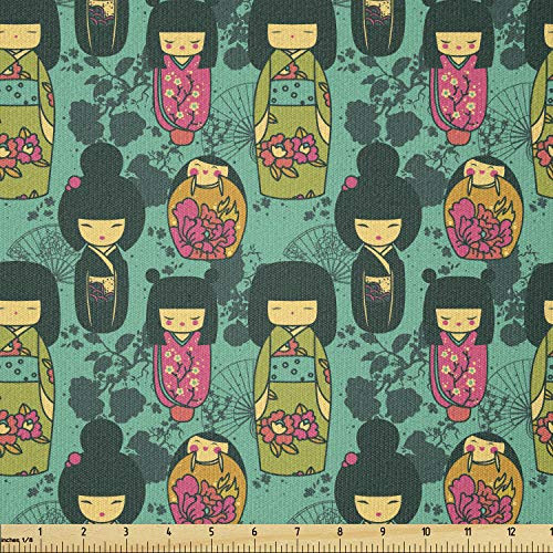 Lunarable Japanese Fabric by The Yard Traditional Kokeshi Dolls in Folk Clothes with Sakura Flowers Geisha Stretch Knit Fabric for Clothing Sewing and Arts Crafts 1 Yard Pink Teal