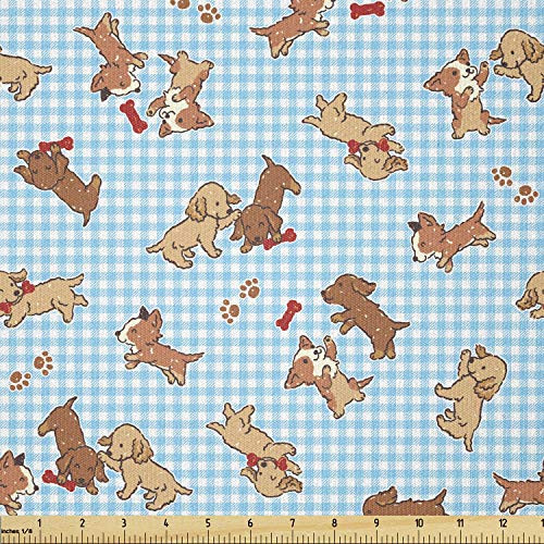 Ambesonne Dog Fabric by The Yard Checkered Square Pattern Background Playful Puppies Paw Print Golden Retriever Breed Stretch Knit Fabric for Clothing Sewing and Arts Crafts 1 Yard Blue Brown
